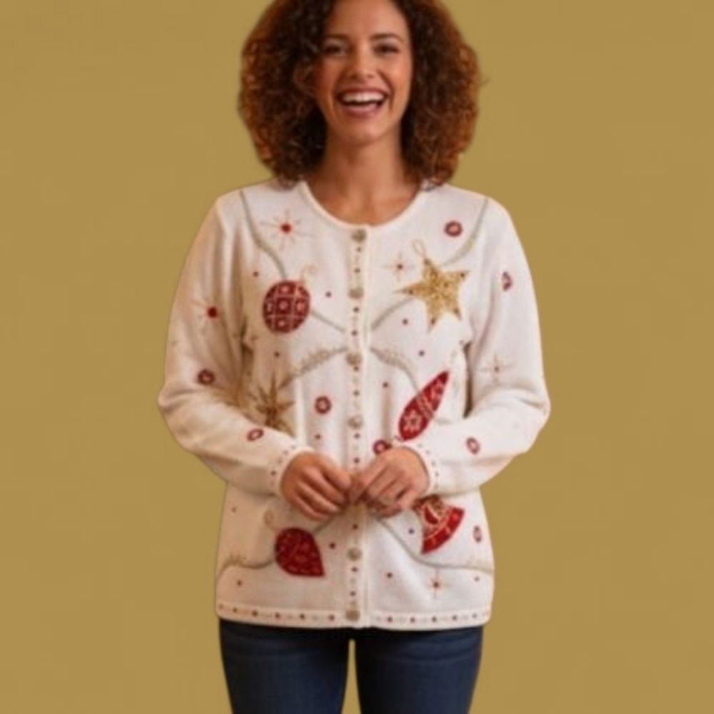 Vintage 90's KIKIT Christmas Sweater Cream Embellished Ornaments Cardigan size S